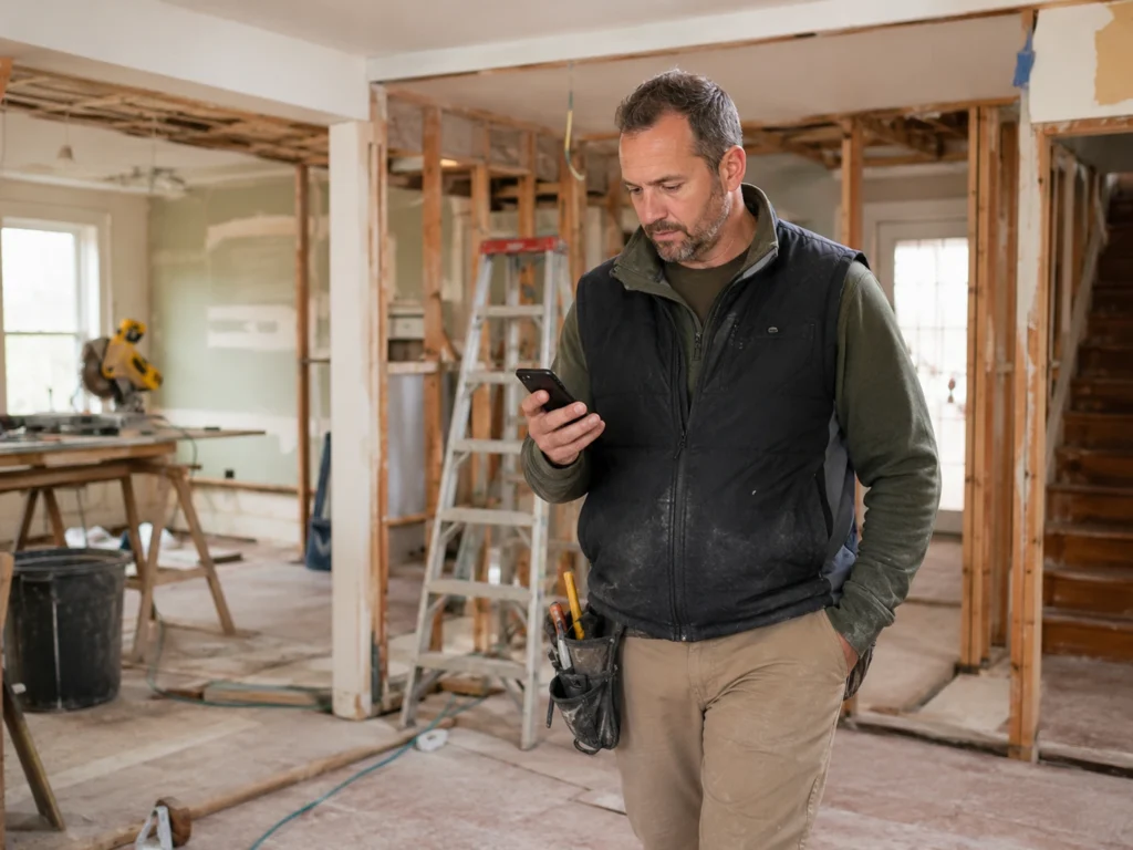 Google Ads Vs Facebook Ads For Contractors: What Actually Books Jobs In 2026 2 remodeler checking leads on a phone at a kitchen remodel job site