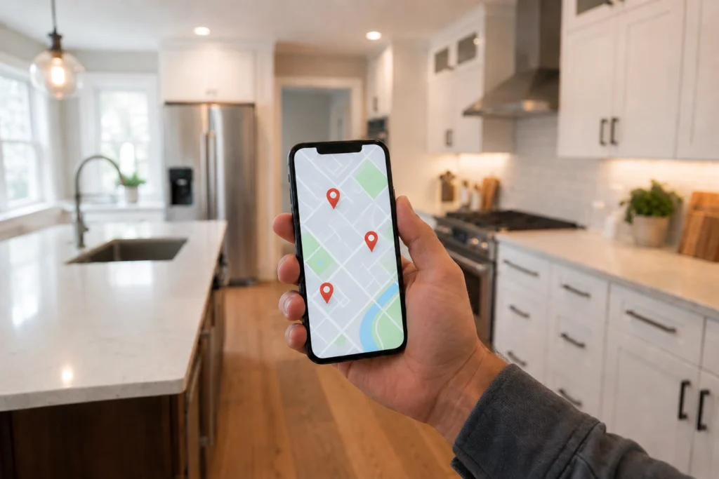 Remodeler checking local map rankings on a phone