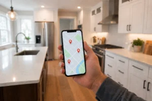 Remodeler checking local map rankings on a phone