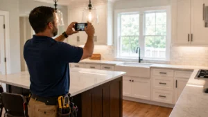 General contractor photographing a finished kitchen remodel on his smartphone to post on social media