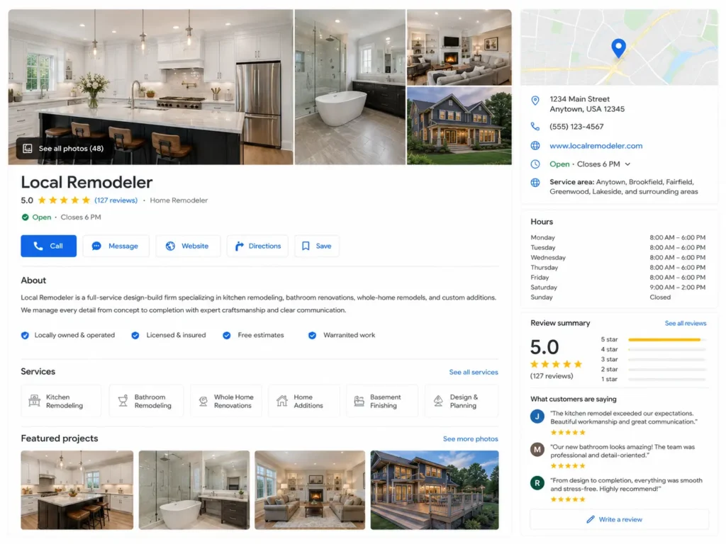 Best SEO Tools For Home Remodeling Companies In 2026 2 Optimized Google Business Profile for a home remodeler with project photos