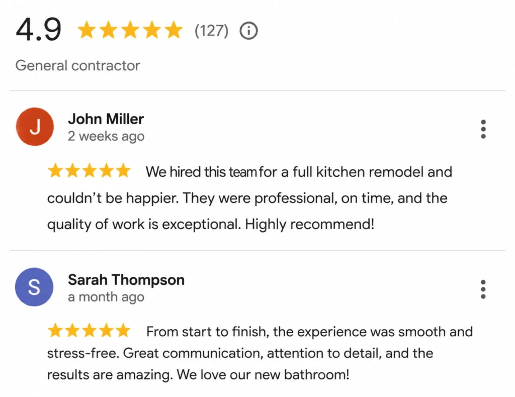 Strong Google review rating that helps a remodeler rank in Local Services Ads