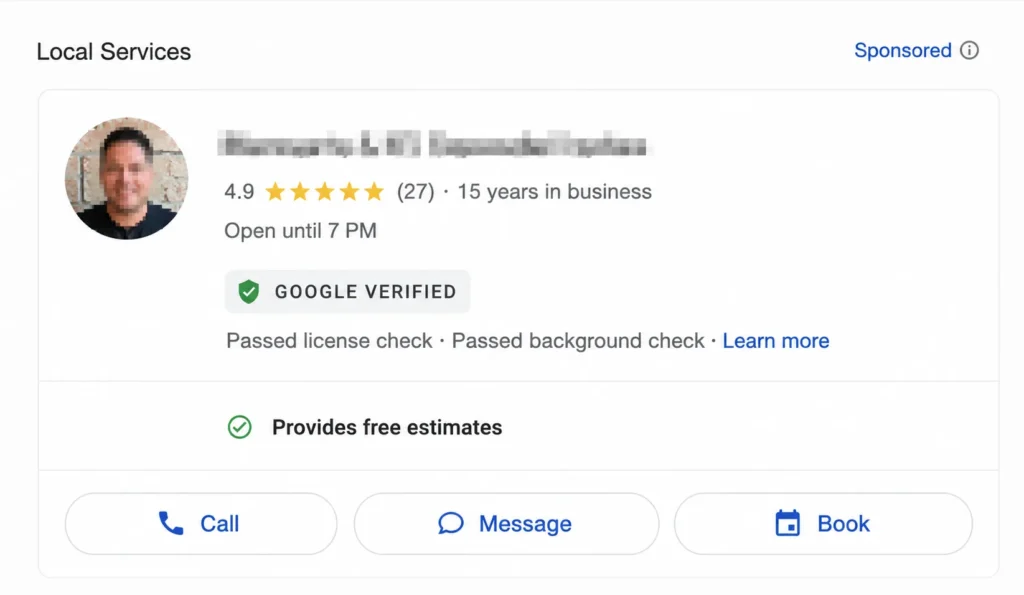 Verified badge on a Local Services Ad in search results