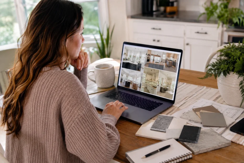 Homeowner researching a kitchen remodel on a laptop at home
