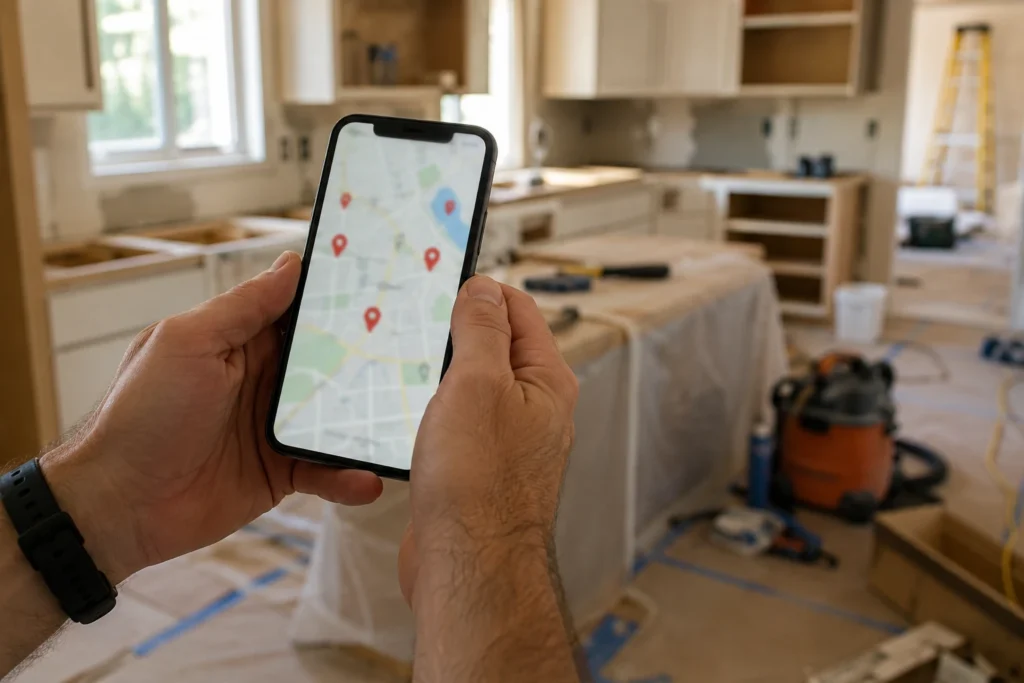 Google Ads for Remodeling Contractors: Where the Budget Leaks in 2026 1 Homeowner searching for a remodeler on a phone with local map results