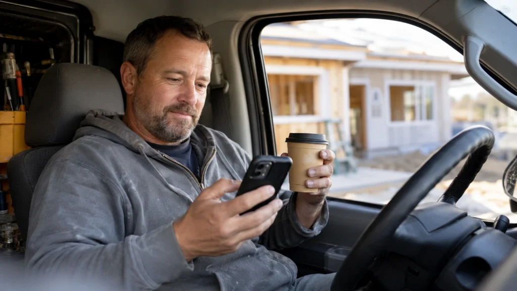 Remodeling business owner scheduling a social media post from his phone in a work truck