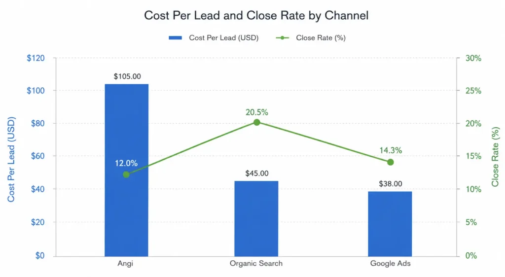 How To Get More Leads For Your Remodeling Company In 2026 1 Chart comparing cost per lead and close rate for Angi, organic search, and Google Ads