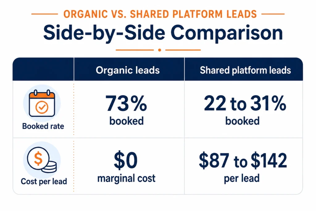 Organic leads vs shared Angi leads by close rate and cost