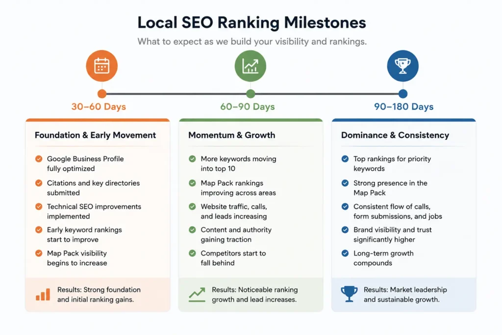 How To Get More Leads For Your Remodeling Company In 2026 6 Timeline showing remodeling SEO ranking milestones from 30 to 180 days