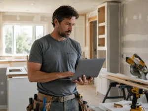 SEO tools for home remodeling companies, contractor at laptop on job site