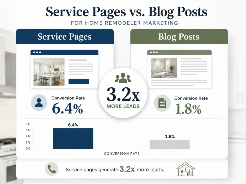 Best SEO Tools For Home Remodeling Companies In 2026 4 Service pages convert 6.4% vs 1.8% for blog posts in remodeling SEO