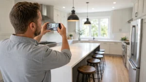 Remodeling contractor photographing a finished white oak and quartz kitchen on a smartphone to share on social media