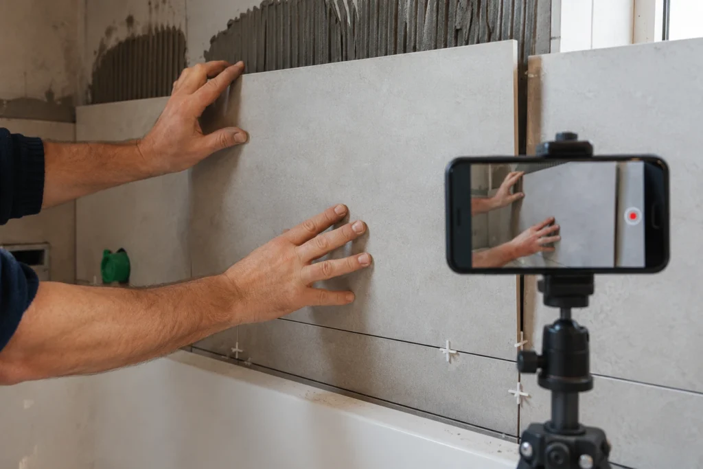 Remodeler recording a short tile installation video on a phone during a bathroom remodel