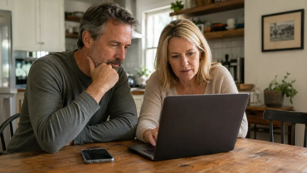 Homeowners researching local remodeling contractors on a laptop at their kitchen table