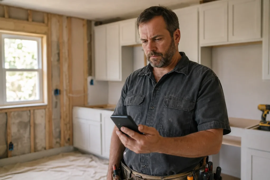 Remodeling contractor checking his Google Business Profile ranking on a phone at a jobsite