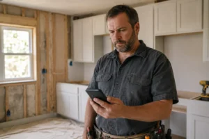 Remodeling contractor checking his Google Business Profile ranking on a phone at a jobsite