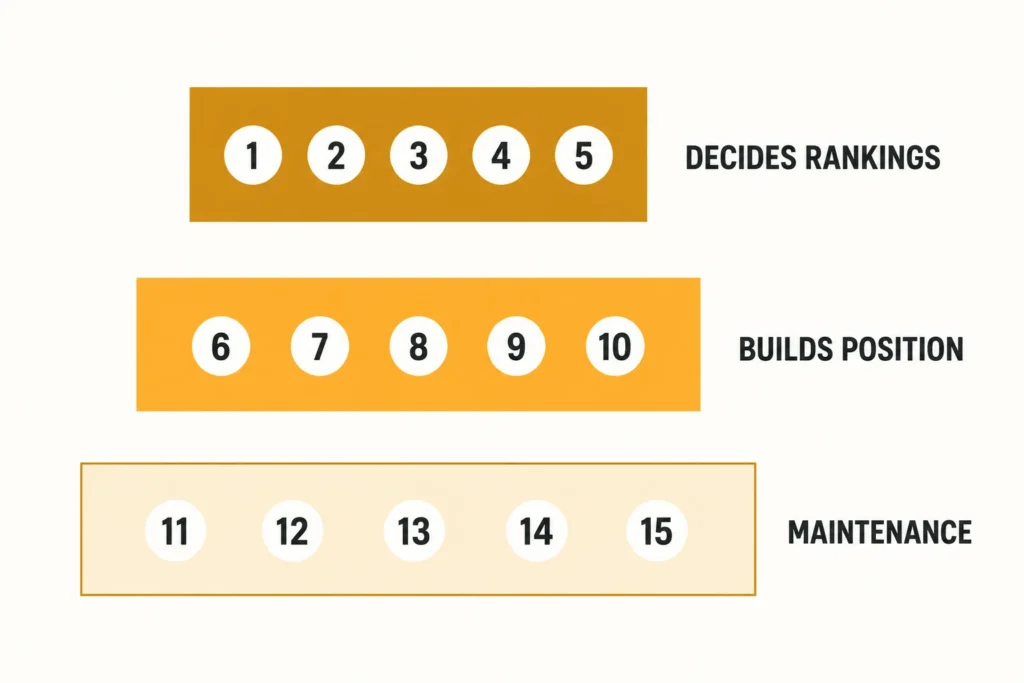 Diagram showing the 15 Google Business Profile points split into three tiers by ranking impact