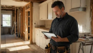 Remodeling contractor reviewing lead channel costs on a tablet at a kitchen renovation job site