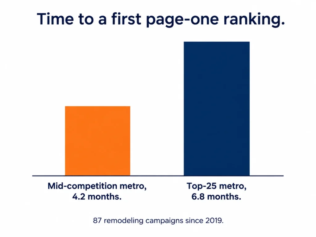 Map Pack timeline for remodeling contractors by metro size, 4.2 versus 6.8 months