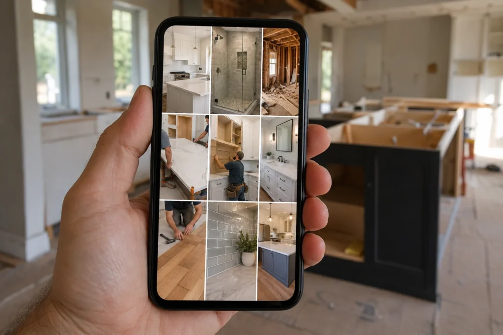 Phone screen showing a grid of kitchen remodel project photos on a business profile