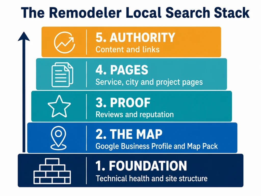 SEO for Home Remodelers: The Complete 2026 Playbook 1 Diagram of the five-layer remodeler local search stack: foundation, the map, proof, pages, and authority.