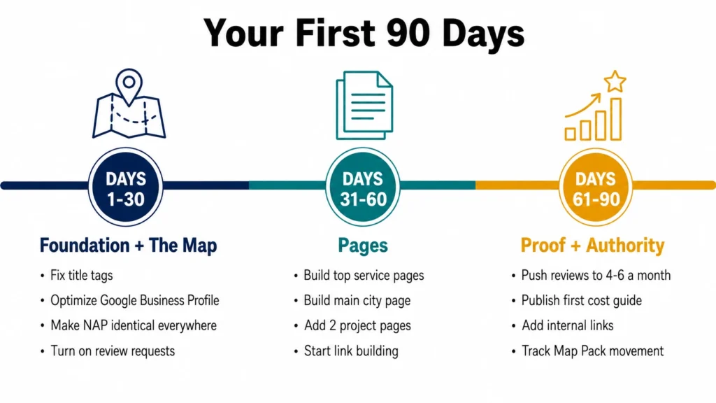 SEO for Home Remodelers: The Complete 2026 Playbook 3 A 90-day remodeler SEO timeline showing foundation and map work