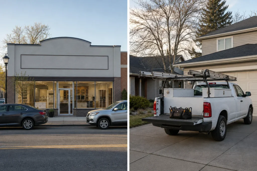 Split image comparing a remodeling showroom storefront with a contractor work truck in a driveway
