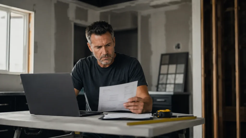Home remodeling contractor reviewing 2026 SEO pricing on a laptop at a kitchen jobsite