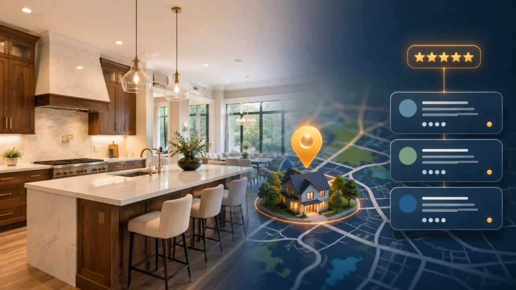A remodeled kitchen connected to a local Google Map Pack with a location pin and five-star rating, illustrating SEO for home remodelers