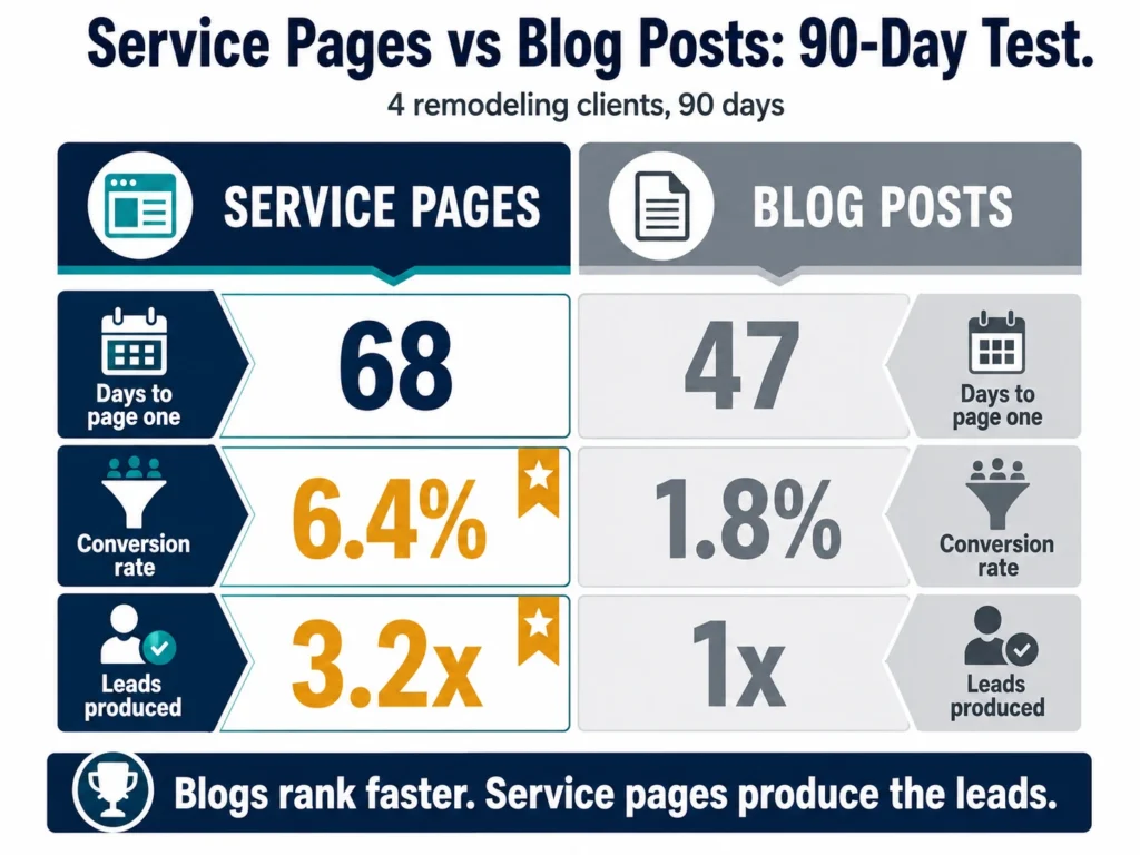 SEO for Home Remodelers: The Complete 2026 Playbook 2 Chart comparing service pages and blog posts over 90 days, showing 6.4 percent versus 1.8 percent conversion and 3.2 times more leads from service pages.