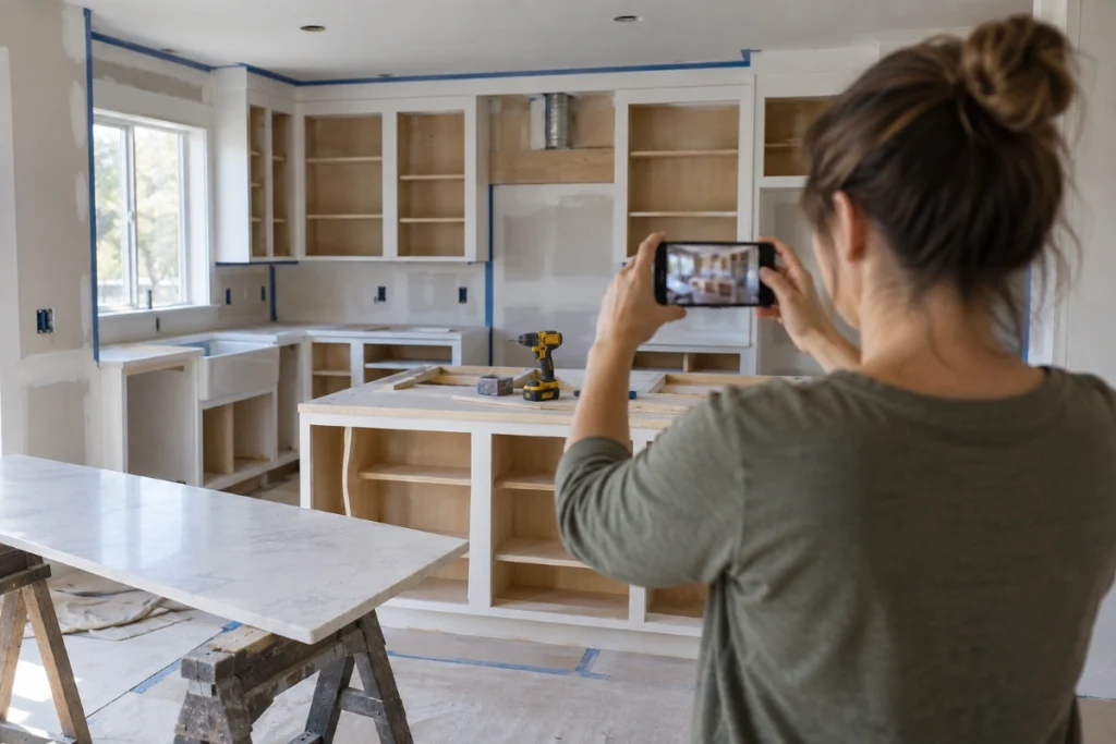 Homeowner reading an AI search answer on a phone during a kitchen remodel