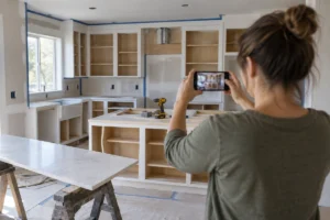 Homeowner reading an AI search answer on a phone during a kitchen remodel