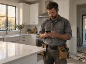 Remodeling contractor checking his search rankings on a phone in a finished kitchen