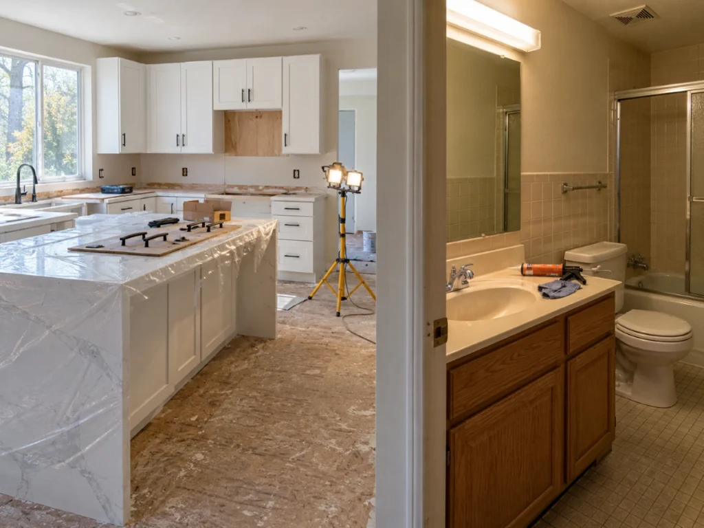 High-end kitchen remodel in progress beside a small bathroom repair job