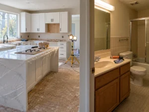High-end kitchen remodel in progress beside a small bathroom repair job