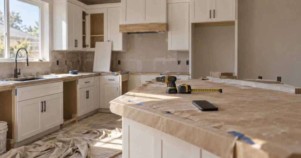 Kitchen remodel in progress with the contractor's phone face up and silent on the counter