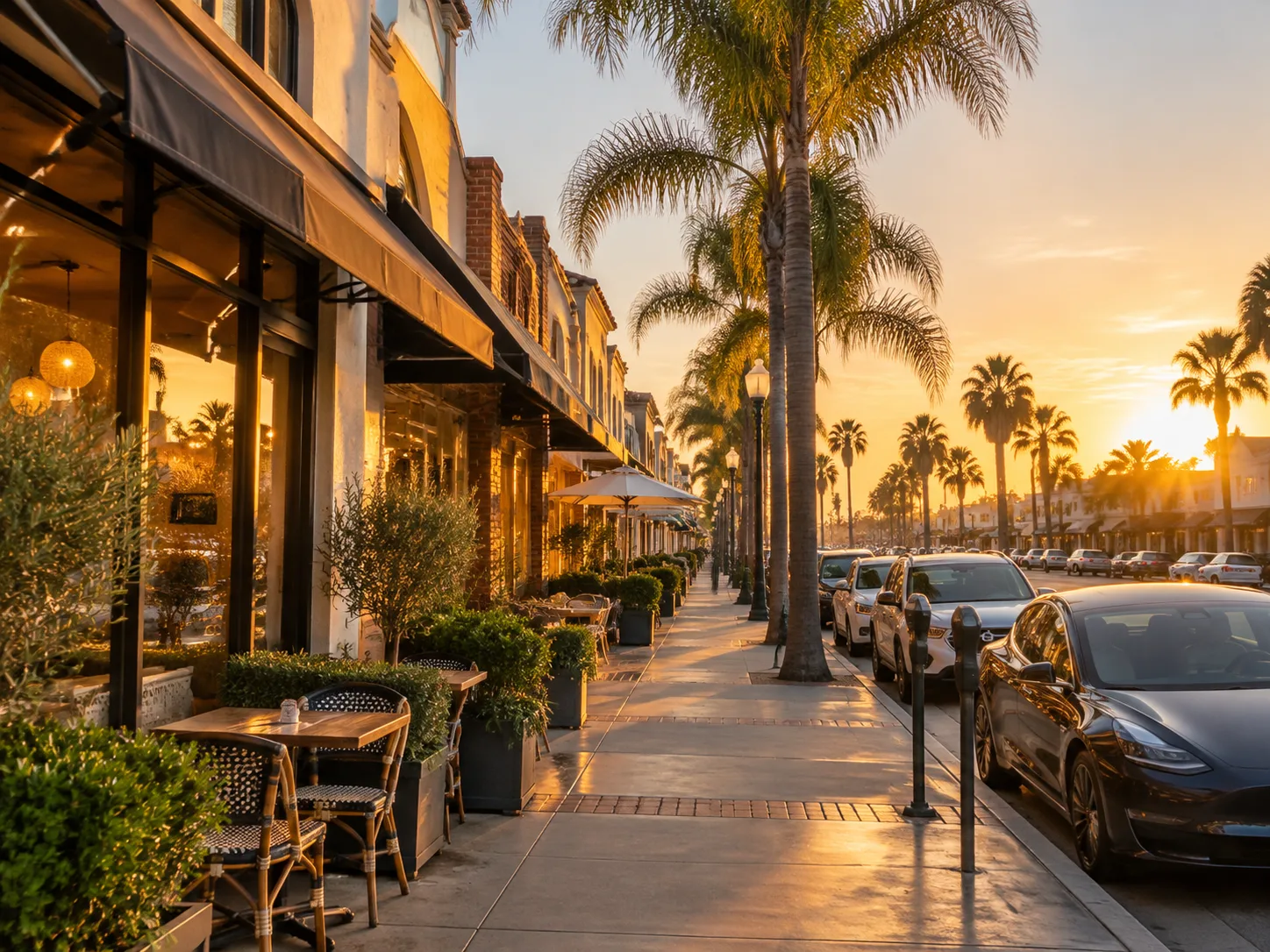 Storefronts and palm trees on 2nd Street in Belmont Shore, Long Beach, California