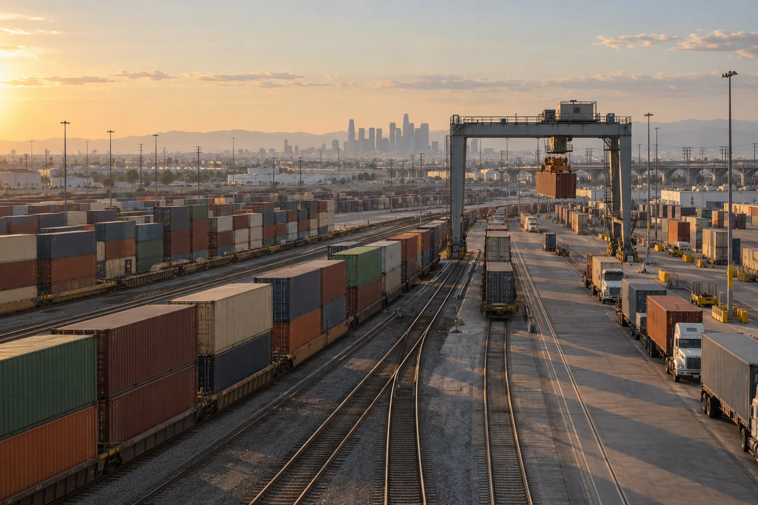 Stacked shipping containers and cranes at the BNSF Hobart Yard rail terminal in Commerce, CA