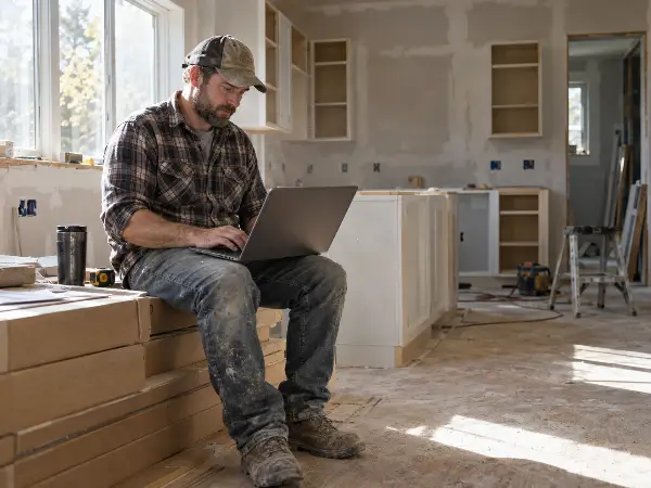 Contractor working on a laptop inside a kitchen remodel that is partly finished