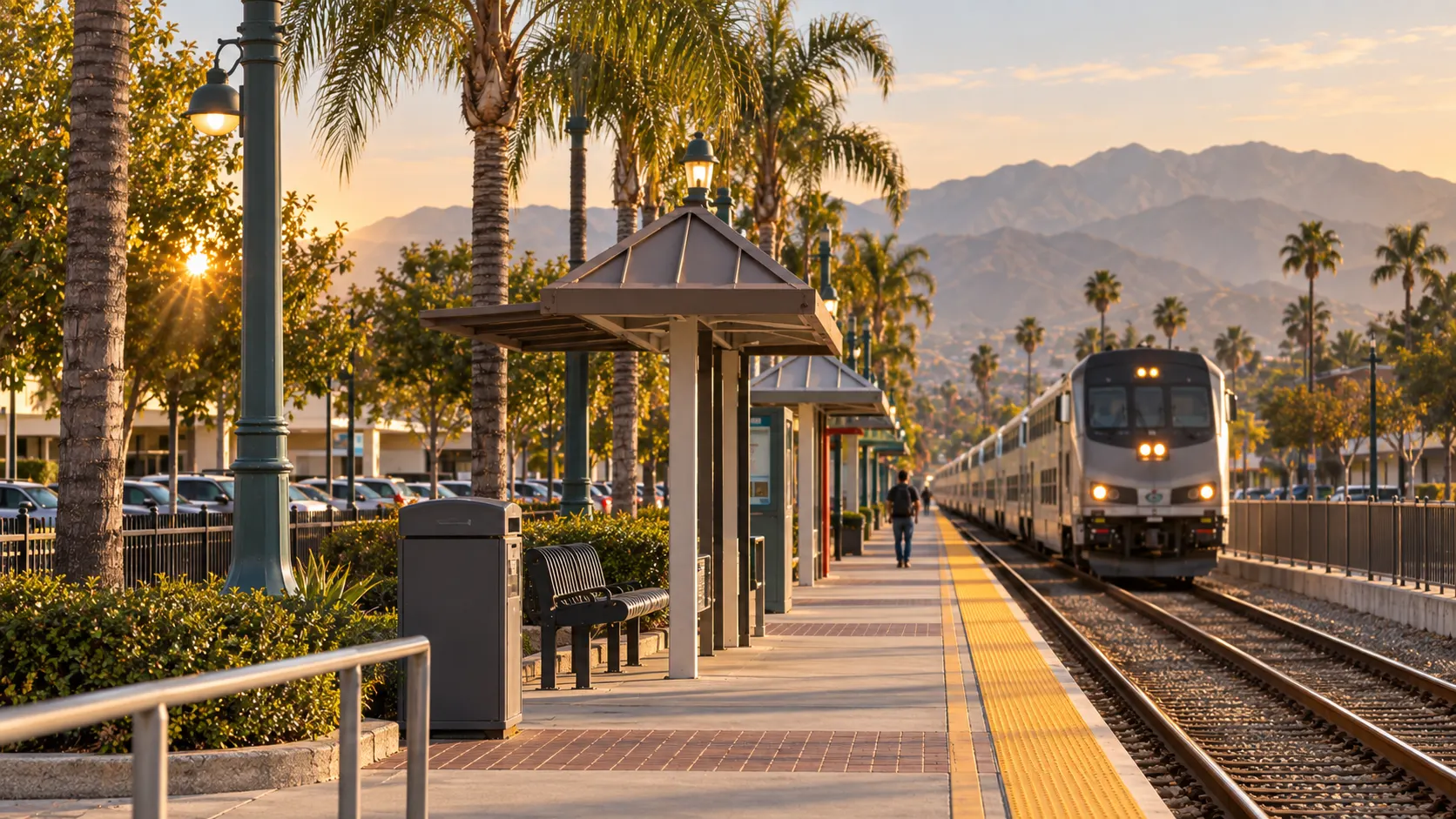 Covina Metrolink station platform on North Citrus Avenue with the San Gabriel Mountains behind