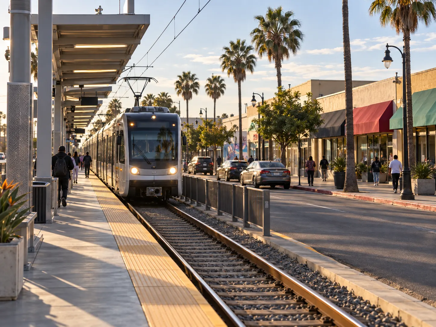Metro A Line train arriving at Compton station beside the Compton Boulevard storefronts in downtown Compton, CA