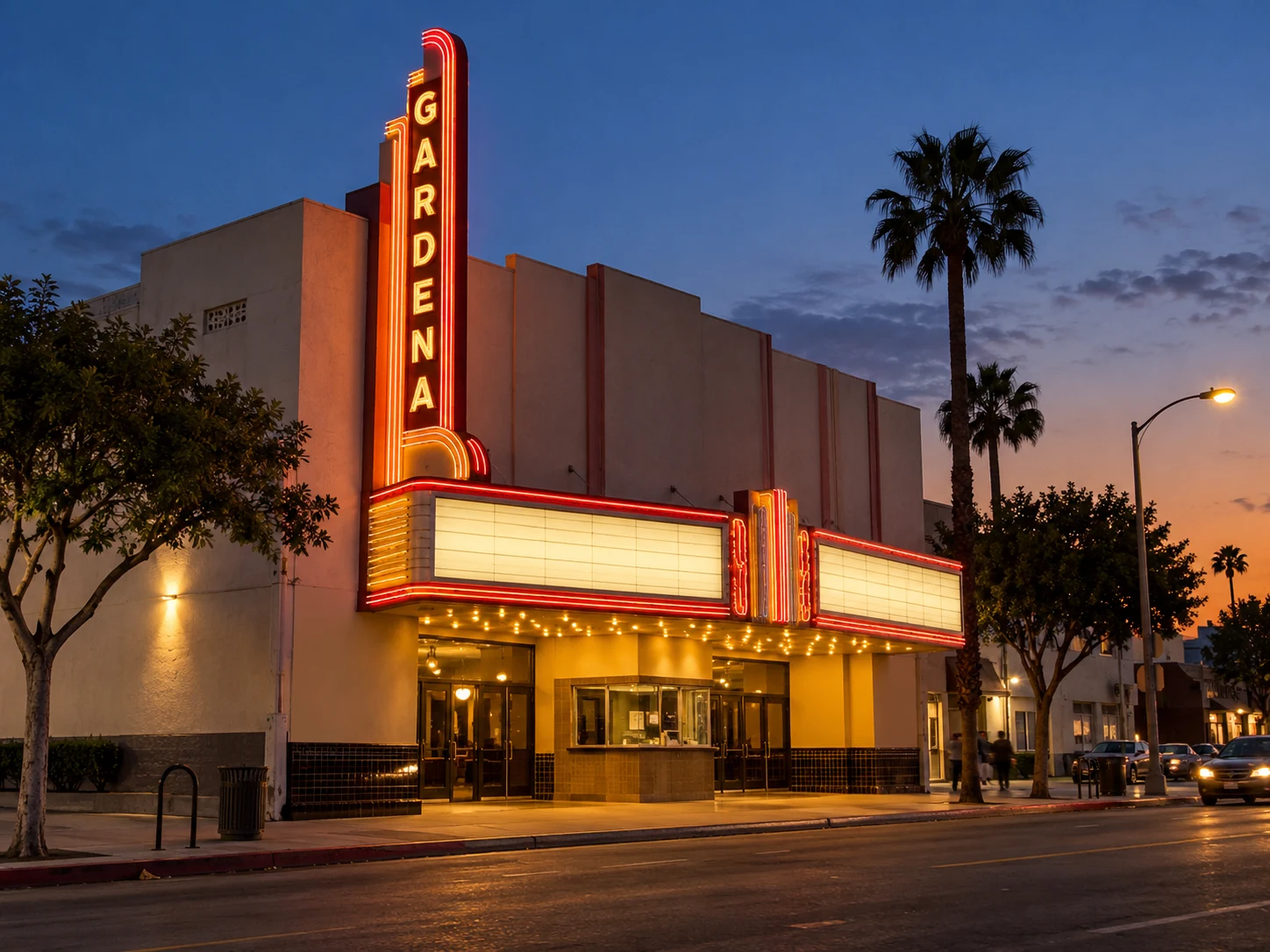 The Gardena Cinema marquee on Crenshaw Boulevard in Gardena, California, a single-screen theater open since 1946