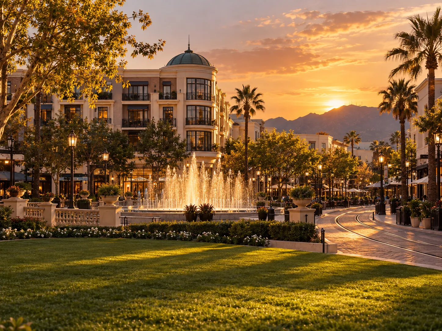 The central green, fountain and trolley tracks at the Americana at Brand in downtown Glendale, California