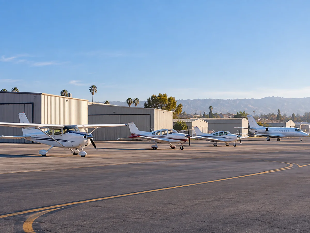 Light aircraft on the general aviation ramp at Hawthorne Municipal Airport, Jack Northrop Field, in Hawthorne, California