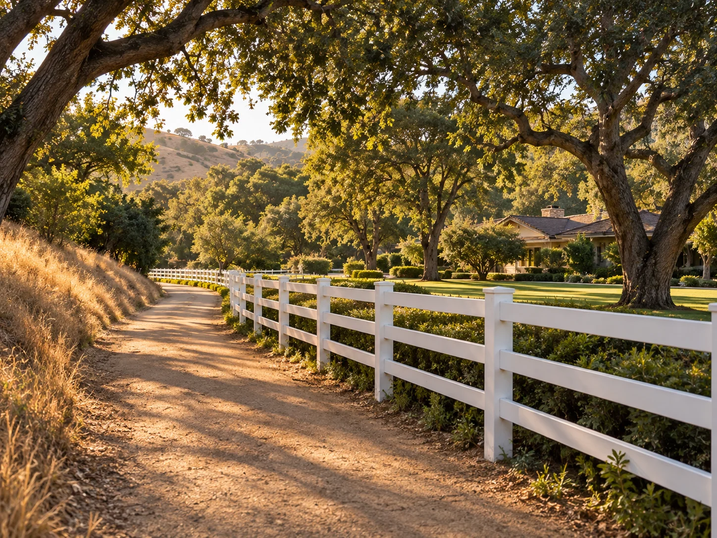 Private equestrian trail running beside white three-rail fencing and oak trees in Hidden Hills, California