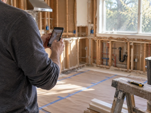 Google Ads For Remodelers: How To Book $50K+ Projects, Not $800 Repairs 1 Homeowner searching for a remodeling contractor on a phone in a gutted kitchen