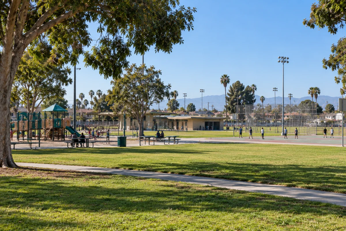 Ball fields, playground and recreation center at Salt Lake Park in Huntington Park, California