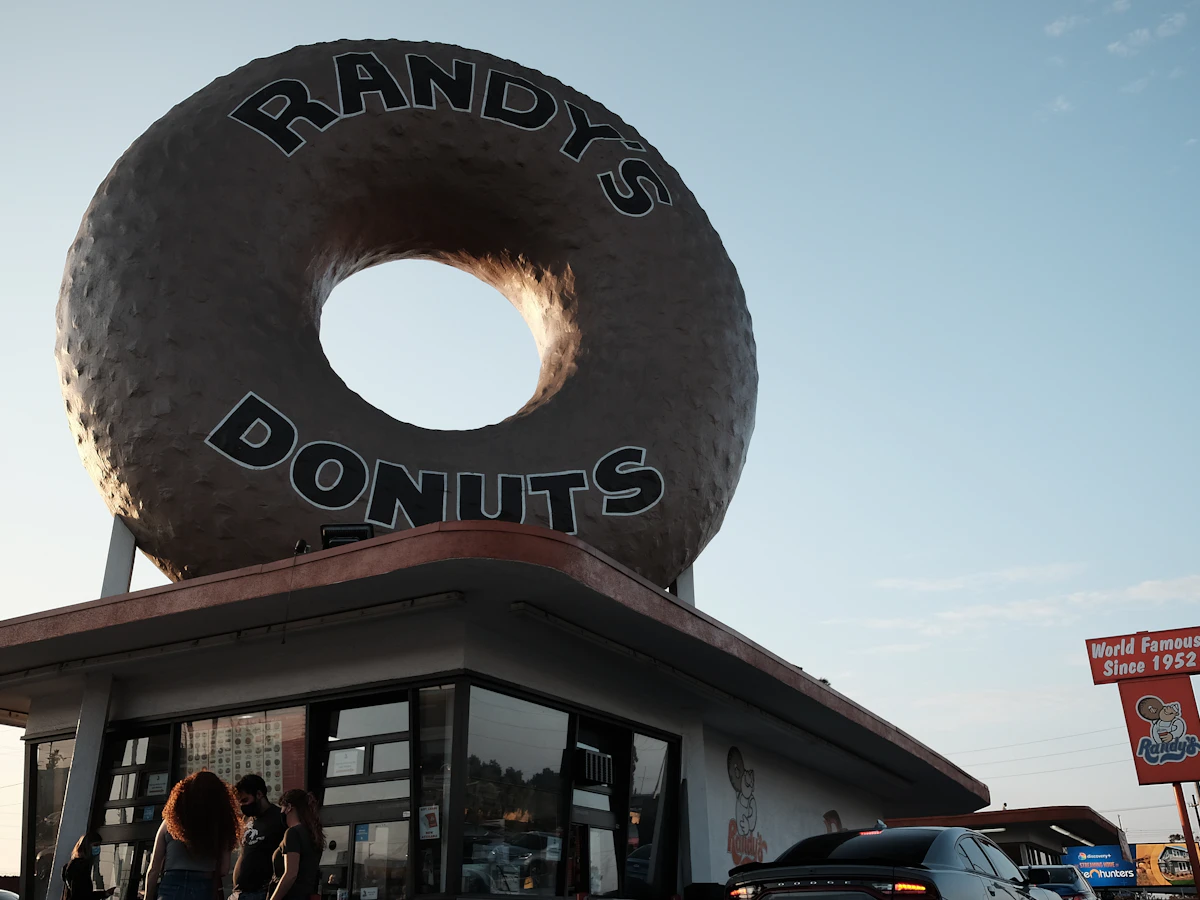 The giant donut on the roof of Randy's Donuts on Manchester Boulevard in Inglewood, California