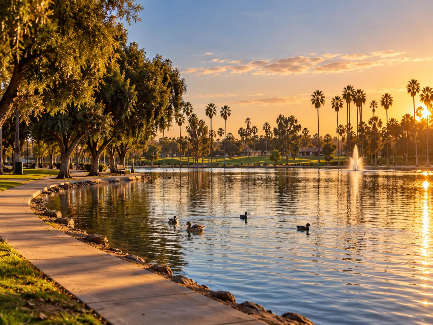The lake at Alondra Park on Manhattan Beach Boulevard, Lawndale, California, with the golf course behind it