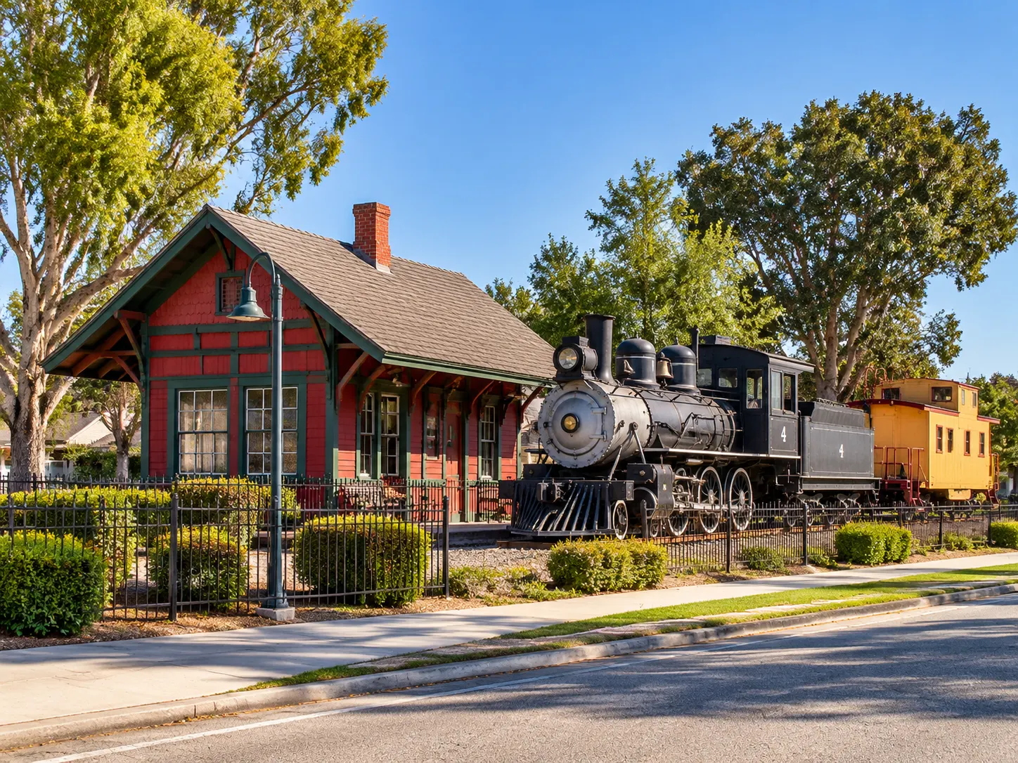 The Lomita Railroad Museum depot and steam locomotive on 250th Street in Lomita, California